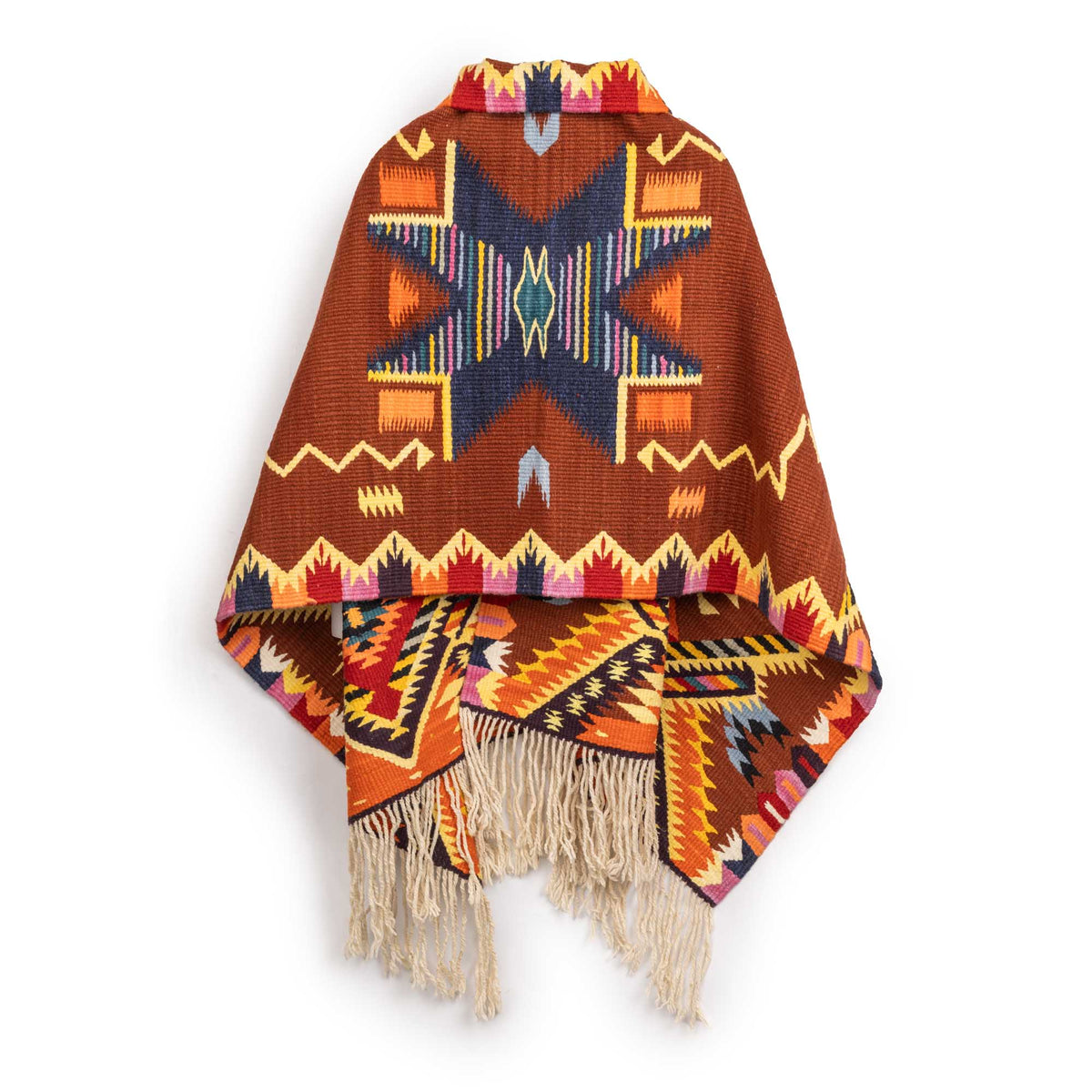 Chamula Merino Wool Blanket Poncho Antique Star Royal-Poncho-Clutch Cafe