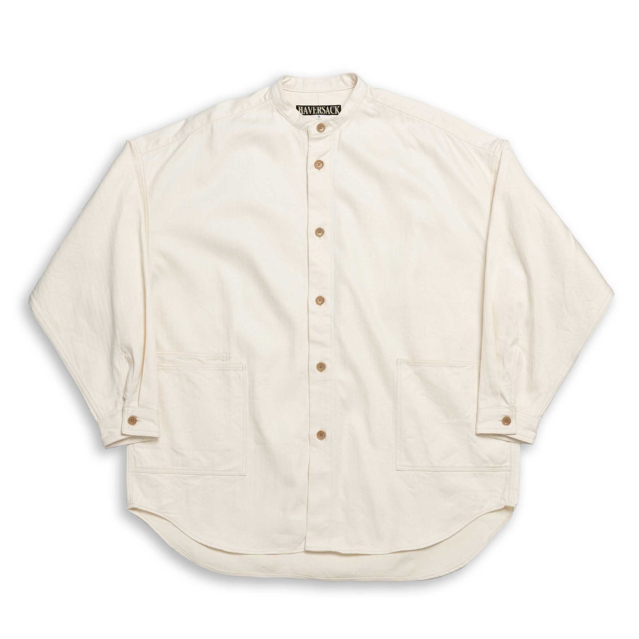 Haversack Cotton/Linen Herringbone Band Collar Shirt Natural-Shirt-Clutch Cafe