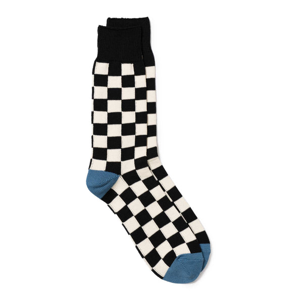Rototo Checkerboard Crew Socks Black/Ivory/L.Blue-Socks-Clutch Cafe