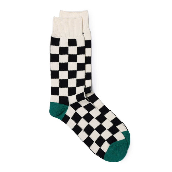 Rototo Checkerboard Crew Socks Ivory/ Black/ Green-Socks-Clutch Cafe