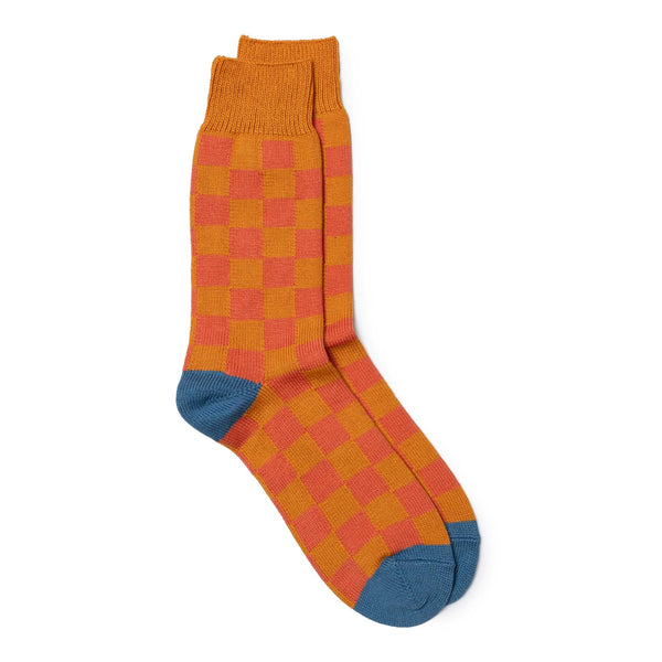 Rototo Checkerboard Crew Socks Orange/ Light Orange/ Blue-Socks-Clutch Cafe