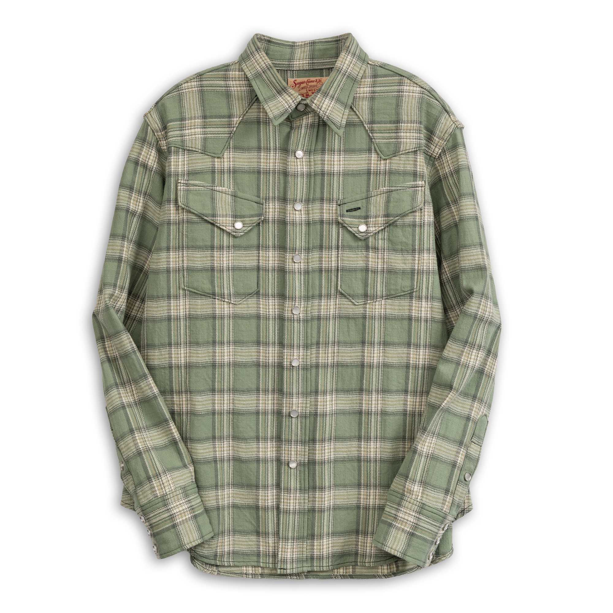 Sugar Cane Washer Herringbone Check Western Shirt Green-Shirt-Clutch Cafe