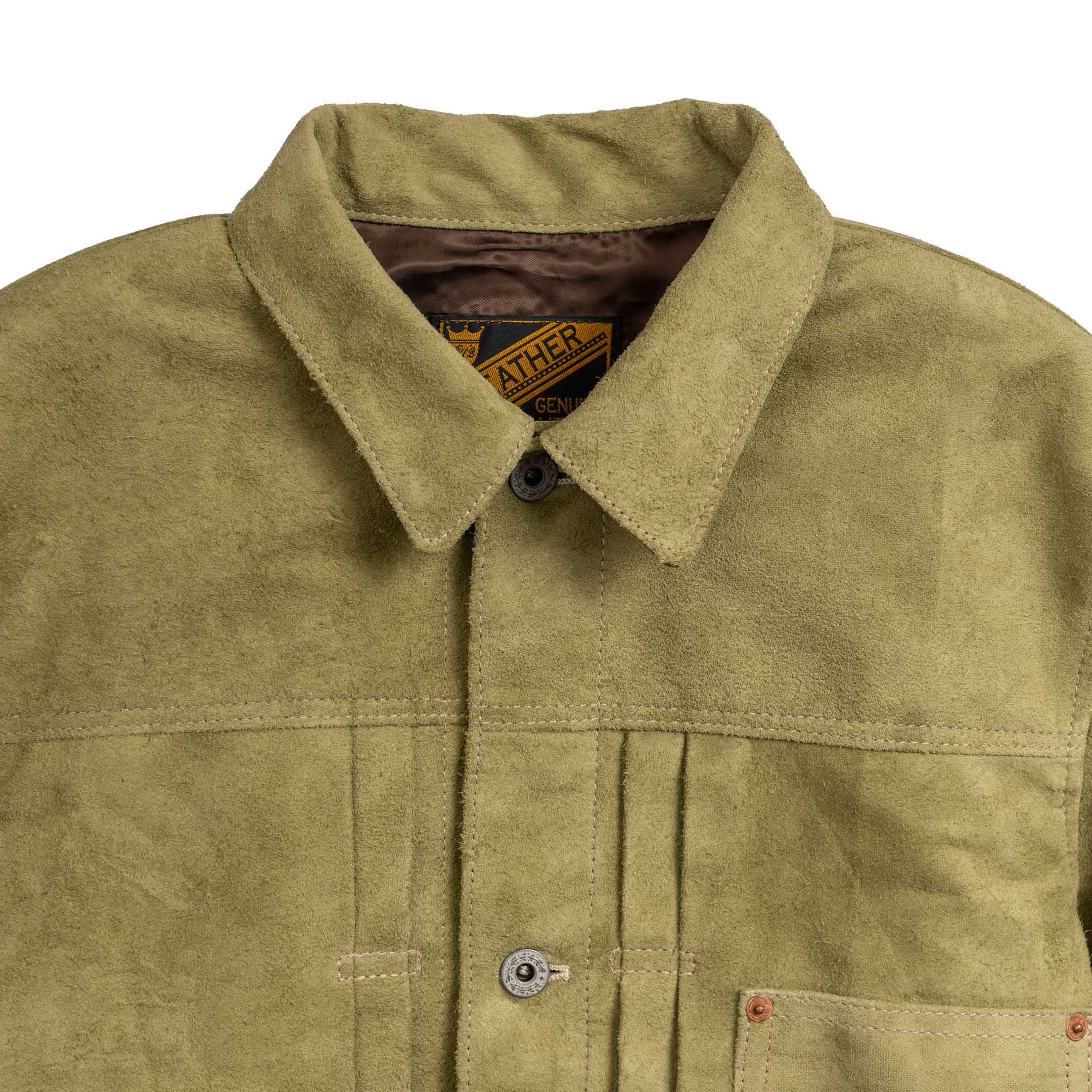 Y'2 Leather Horse Roughout WWII Jean Jacket Khaki-Leather Jacket-Clutch Cafe-selvage denim-selfedge denim