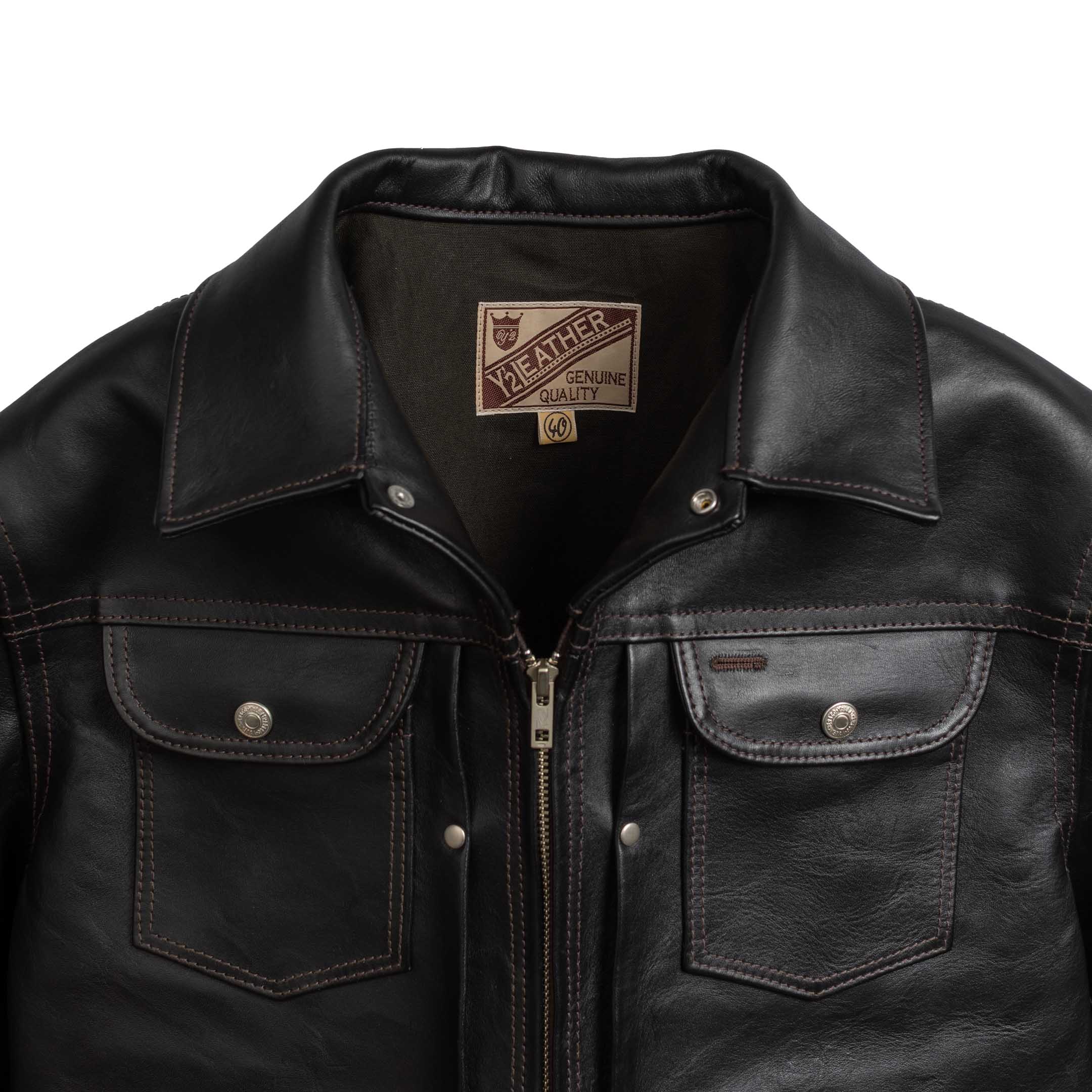 Y'2 Leather Iron Tanned Horse 60's Jean Jacket Black-Leather Jacket-Clutch Cafe-selvage denim-selfedge denim
