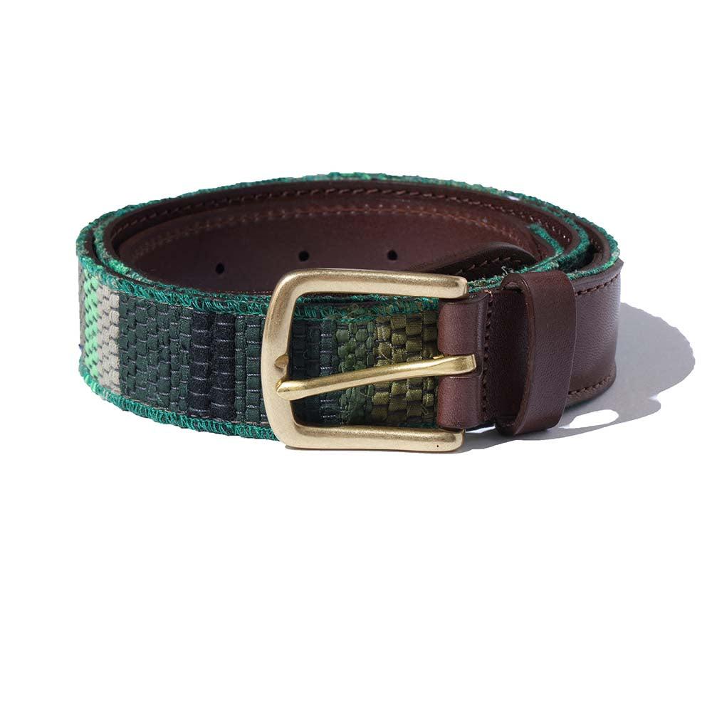 KUON Leather Belt Sakiori Trim Brown/Forest Green-Belts-Clutch Cafe