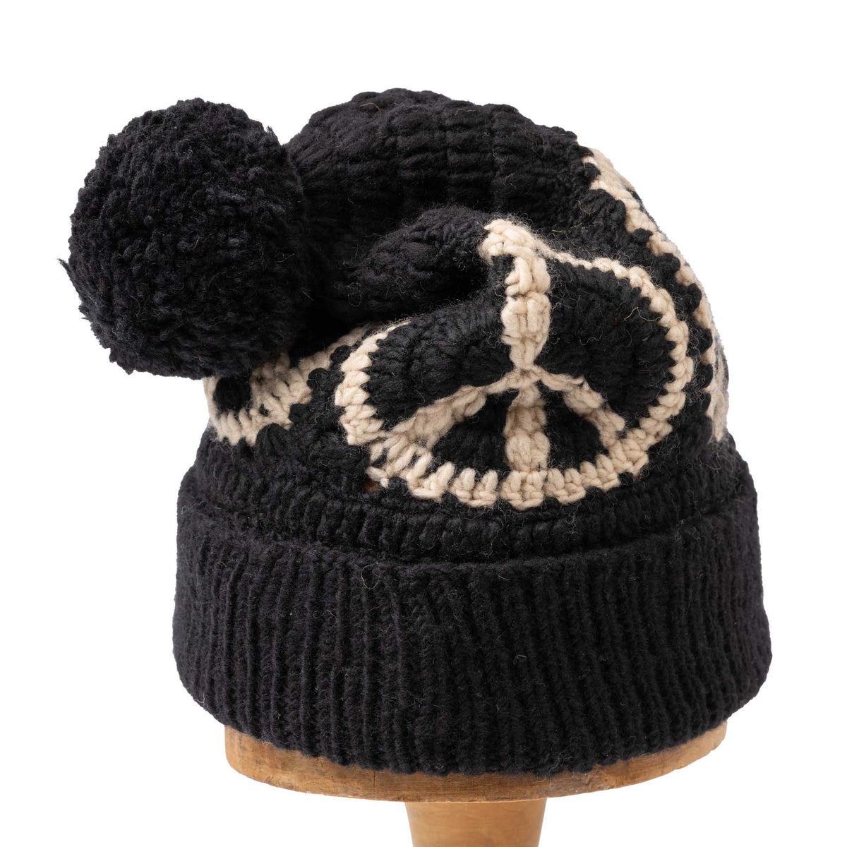 Chamula Double Cuff Cap Peace Crochet Black-Hat-Clutch Cafe