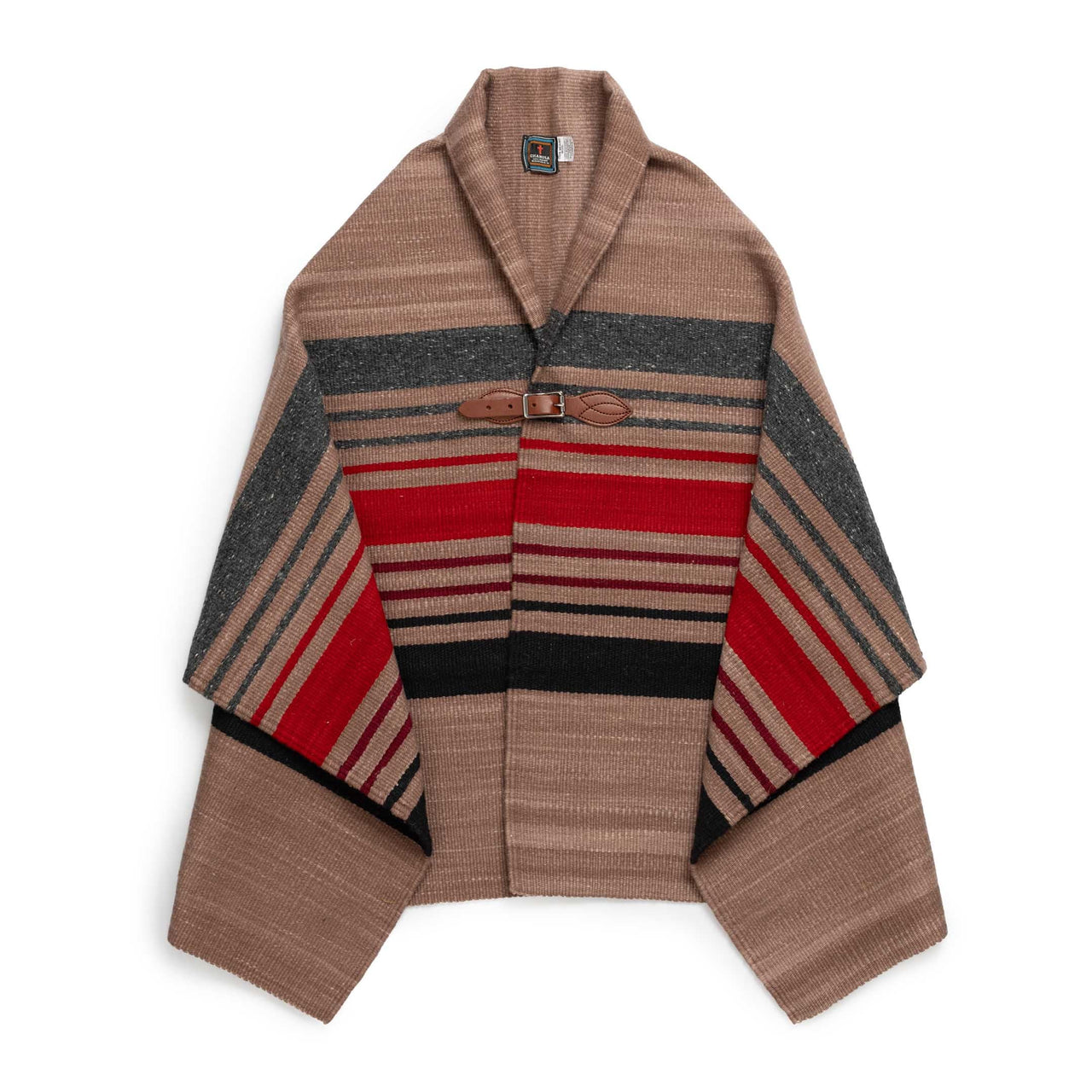 Chamula Merino Wool Blanket Poncho Dark Beige Multi Stripe-Poncho-Clutch Cafe