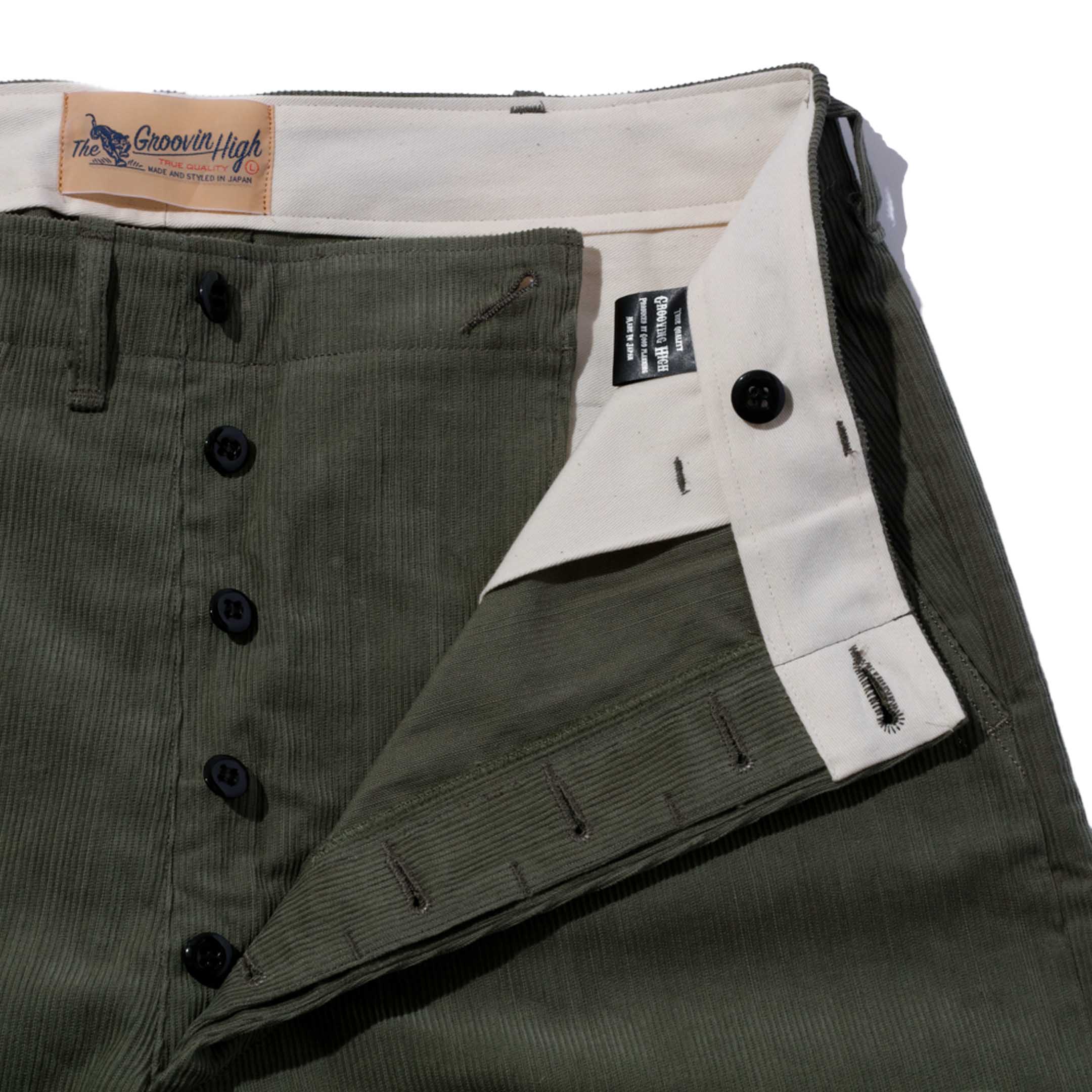 Groovin High M41 Corduroy Trousers Khaki-Trousers-Clutch Cafe
