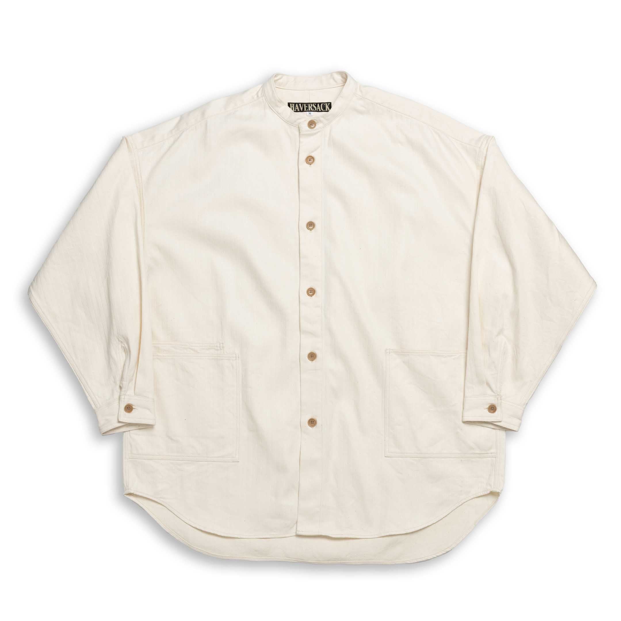 Haversack Cotton/Linen Herringbone Band Collar Shirt Natural-Shirt-Clutch Cafe