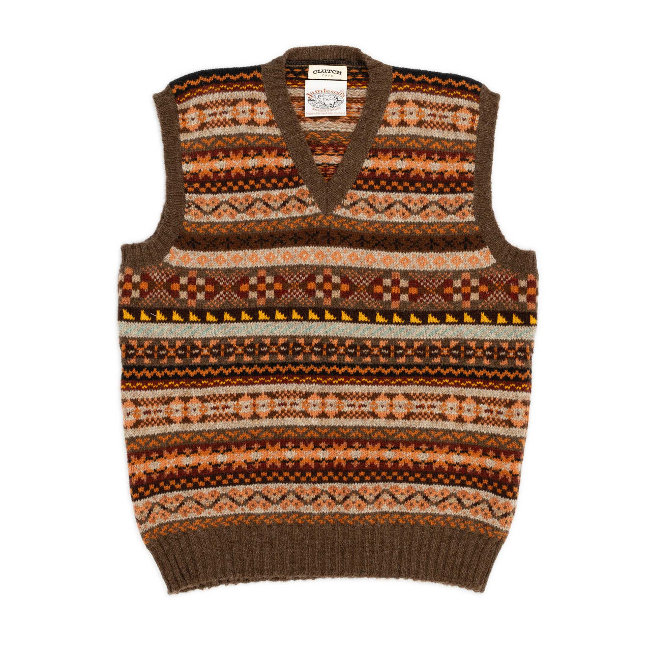 Jamieson's for Clutch Cafe Fair-Isle V-Neck Slip Over Orange x Brown-Knitwear-Clutch Cafe