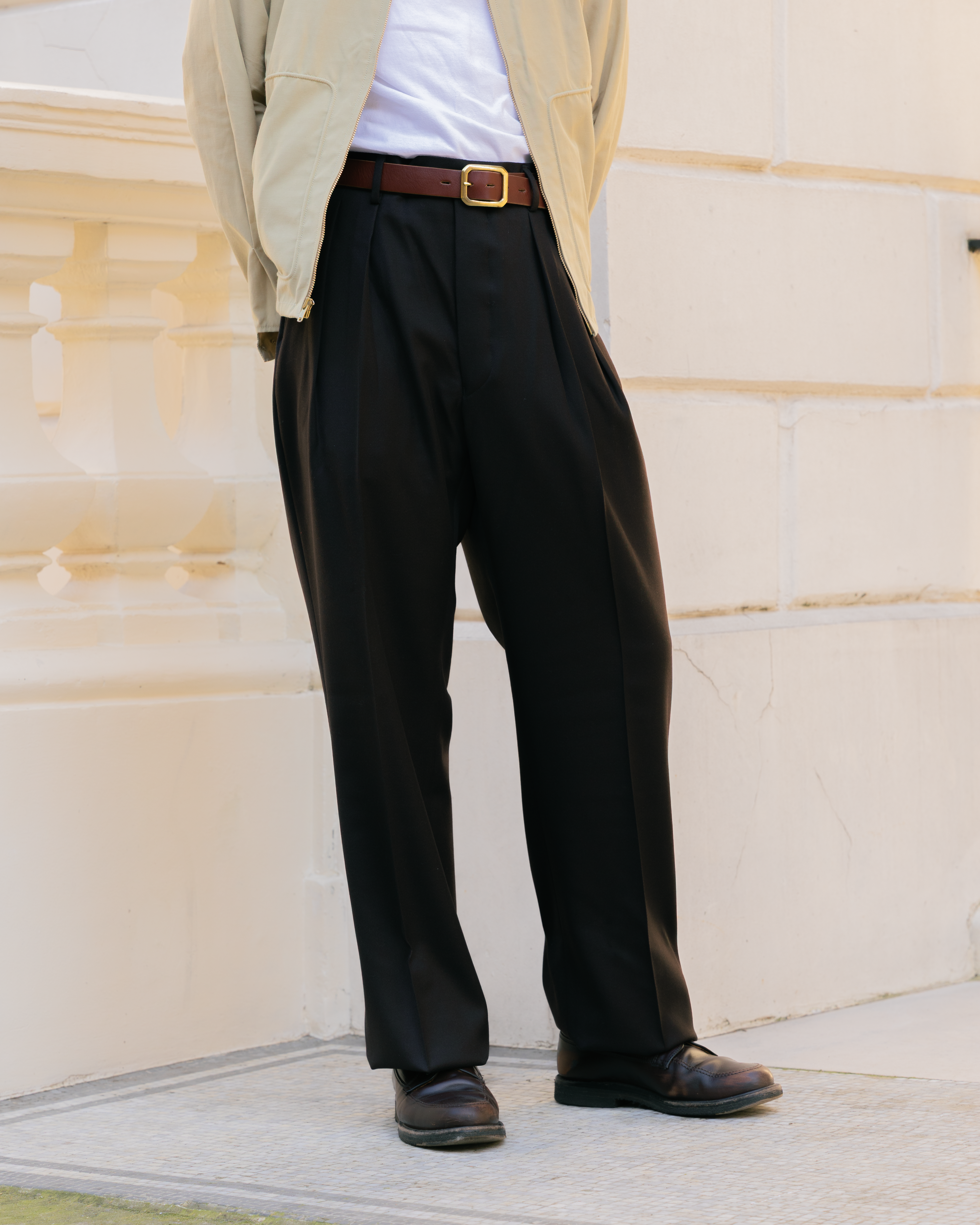 NEAT Wool Tricotine Wide Trousers Brown-Trousers-Clutch Cafe