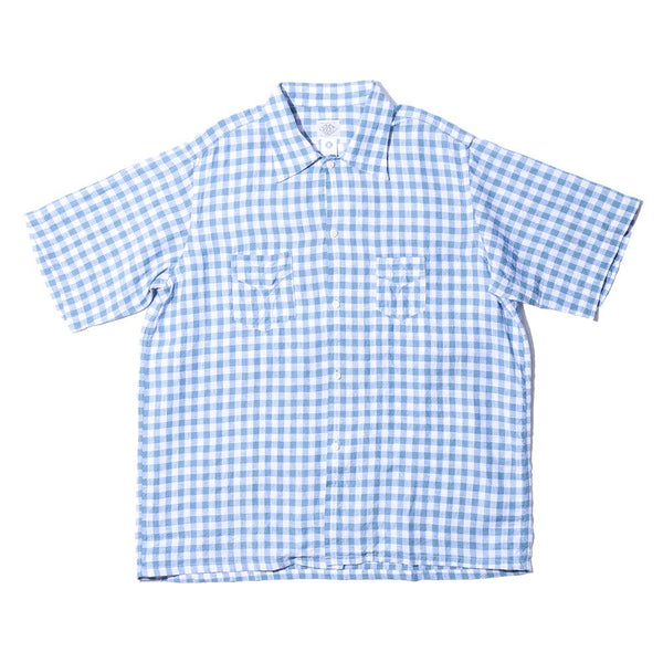 Post Overalls Neutra 4 Linen Block Check S/S Shirt Slate Blue-Shirt-Clutch Cafe