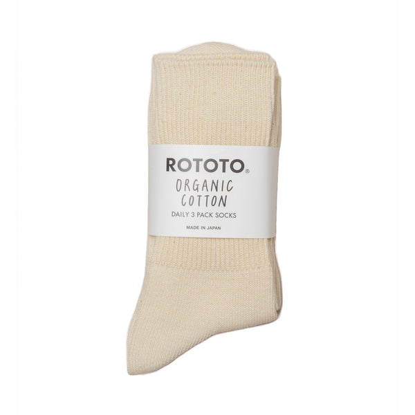 Rototo Organic Daily 3 Pack Ribbed Crew Socks Ecru-Socks-Clutch Cafe