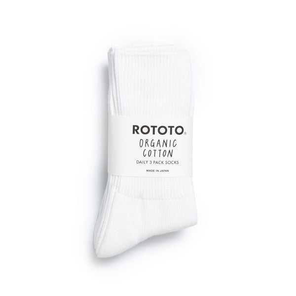 Rototo Organic Daily 3 Pack Ribbed Crew Socks White-Socks-Clutch Cafe
