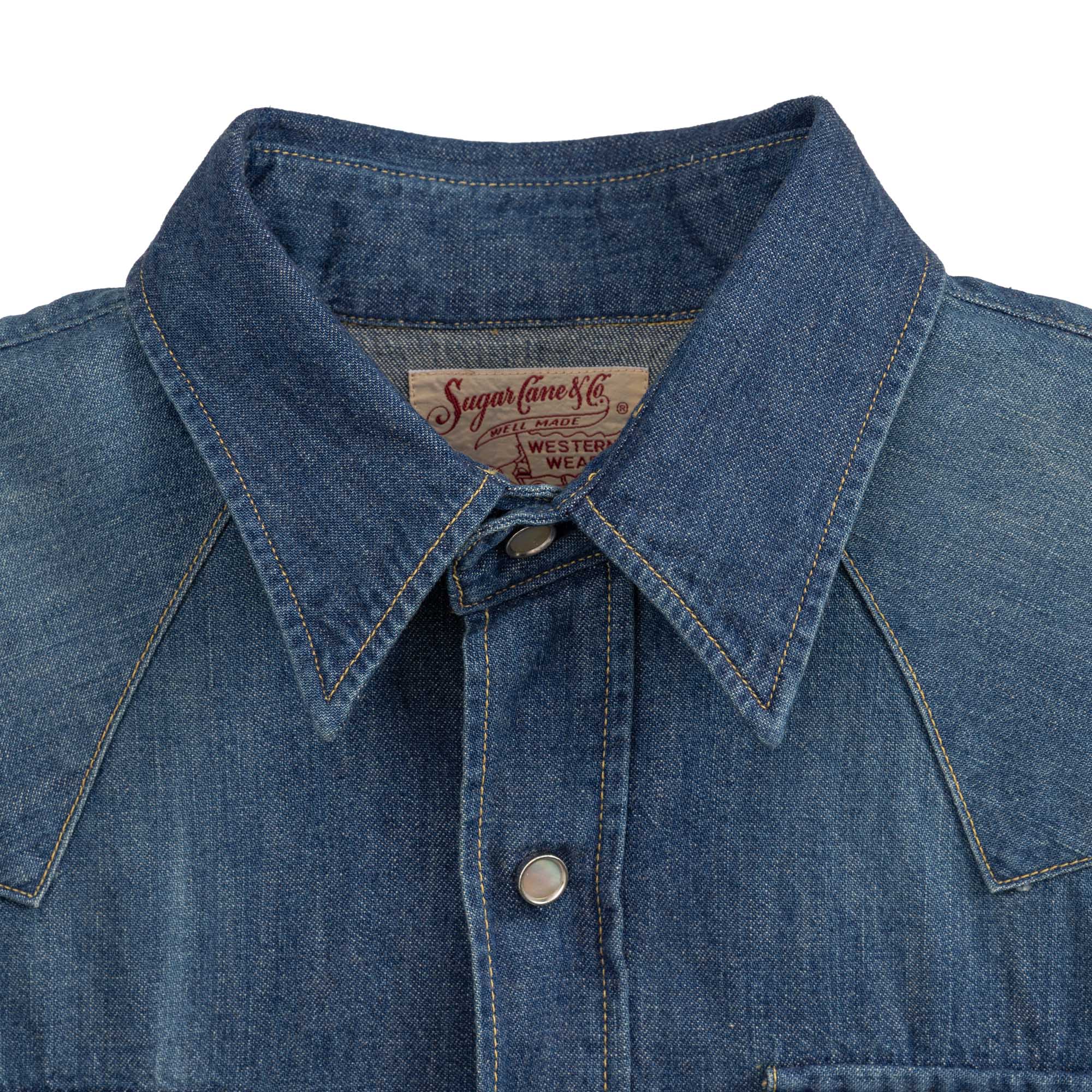 Sugar Cane Sawtooth Denim Western Shirt Vintage Wash-Shirt-Clutch Cafe