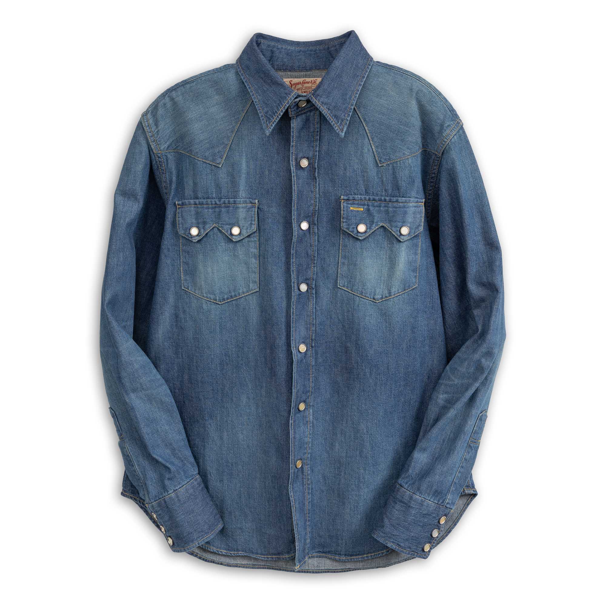 Sugar Cane Sawtooth Denim Western Shirt Vintage Wash-Shirt-Clutch Cafe