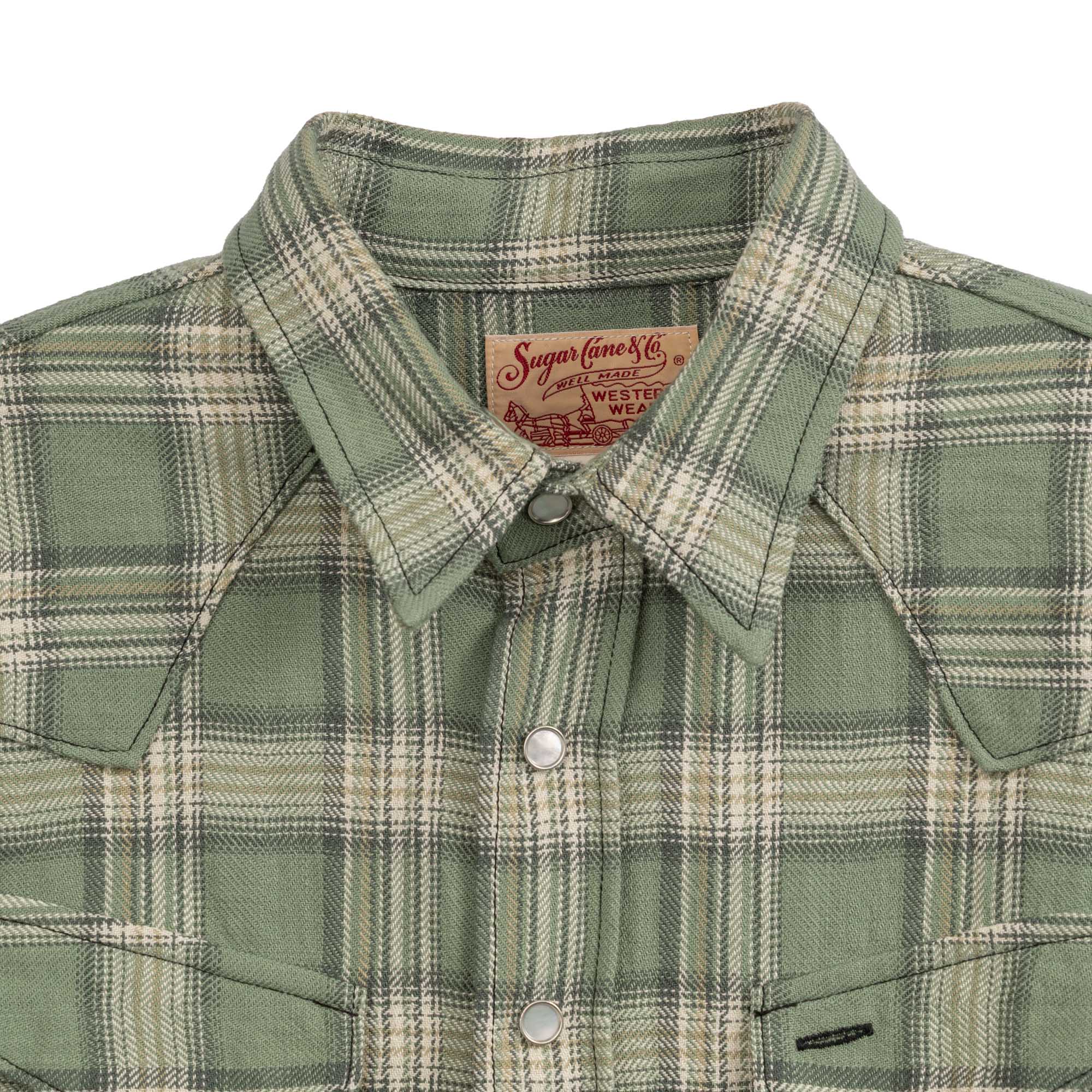 Sugar Cane Washer Herringbone Check Western Shirt Green-Shirt-Clutch Cafe