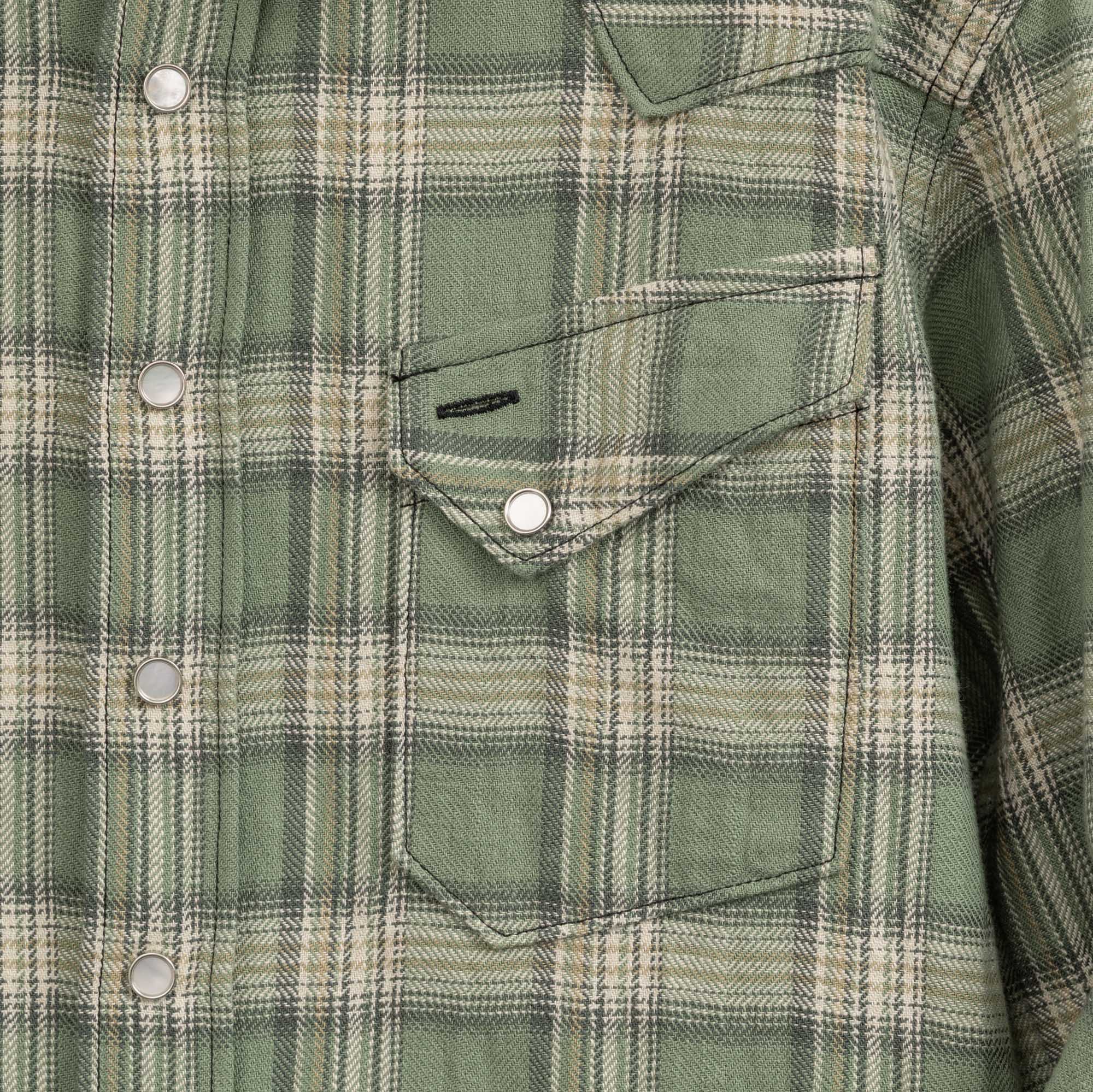 Sugar Cane Washer Herringbone Check Western Shirt Green-Shirt-Clutch Cafe