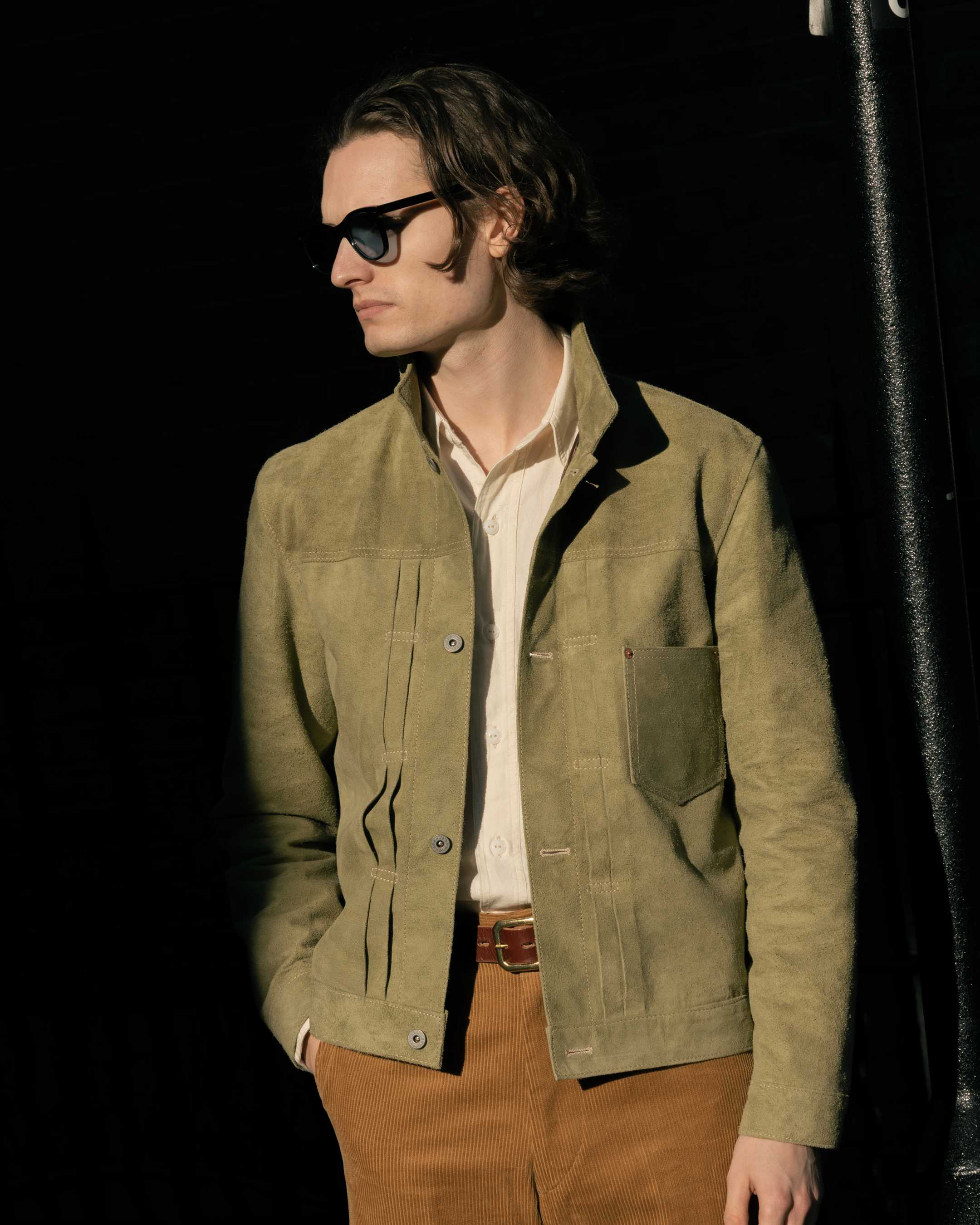 Y'2 Leather Horse Roughout WWII Jean Jacket Khaki-Leather Jacket-Clutch Cafe-selvage denim-selfedge denim