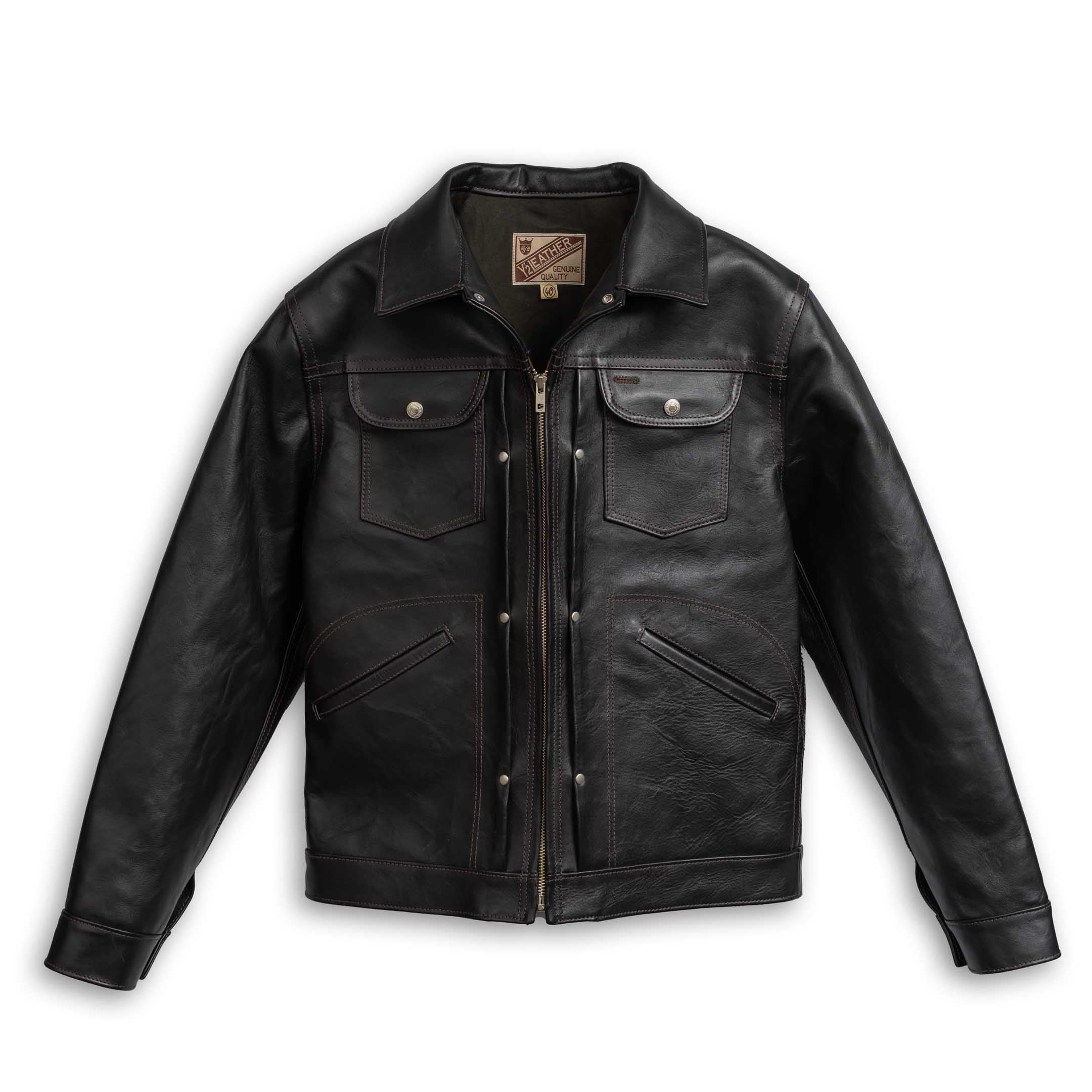Y'2 Leather Iron Tanned Horse 60's Jean Jacket Black-Leather Jacket-Clutch Cafe-selvage denim-selfedge denim