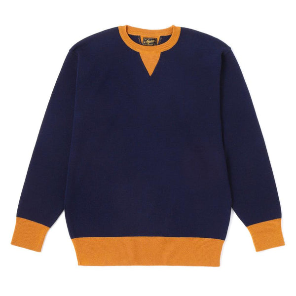 Stevenson Overall V-Gusset Wool Knitted Sweatshirt Navy-Knitwear-Clutch Cafe